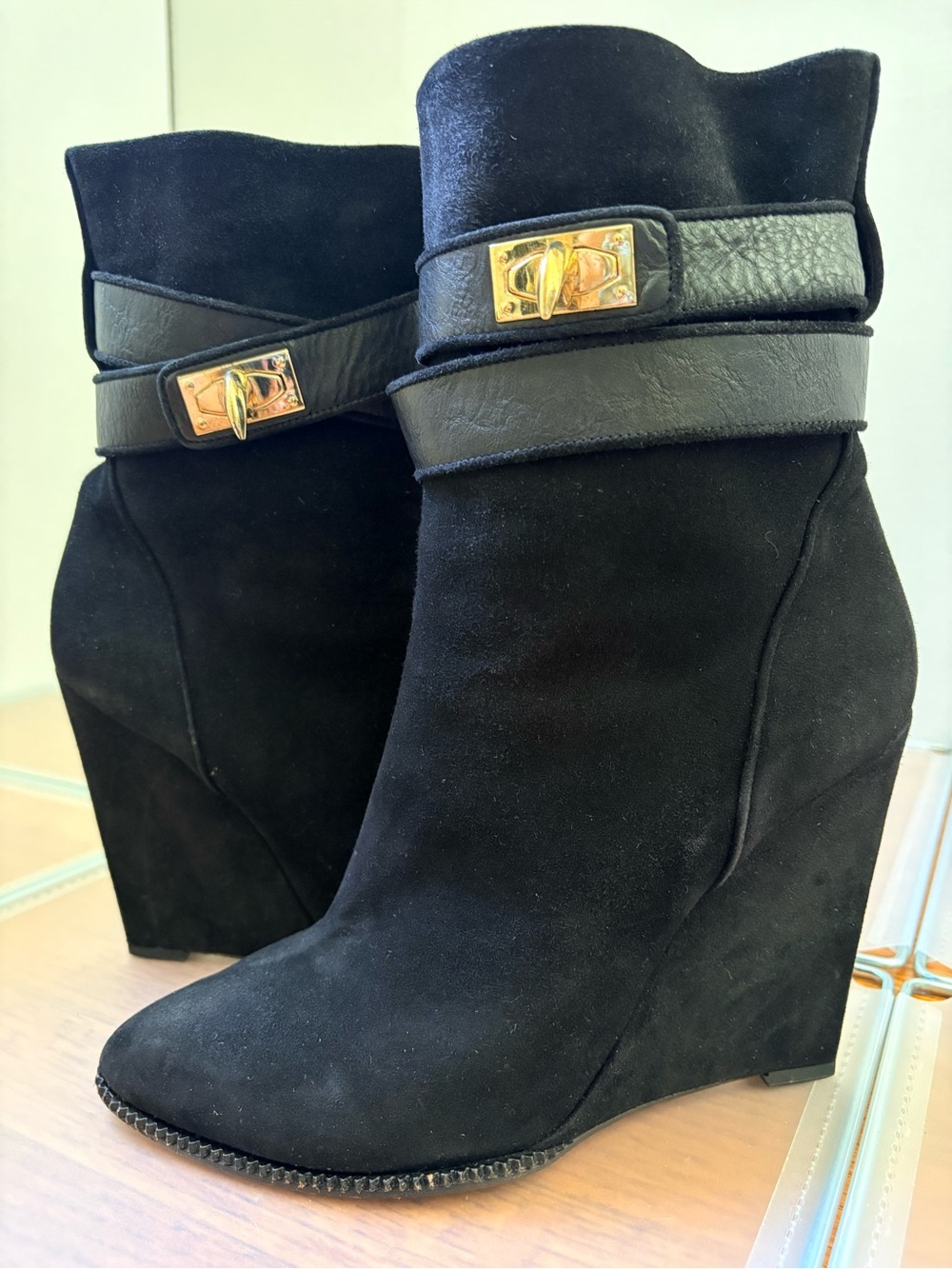 Givenchy Black Suede Wedge Ankle Boots Gold-Tone Shark Tooth Clasp • Size 40.5 - Picture 6 of 15